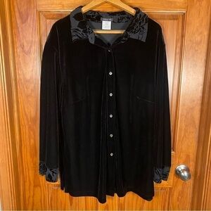 Vikki Vi Velvet Button Down Blouse with Contrasting Floral Trim Like New